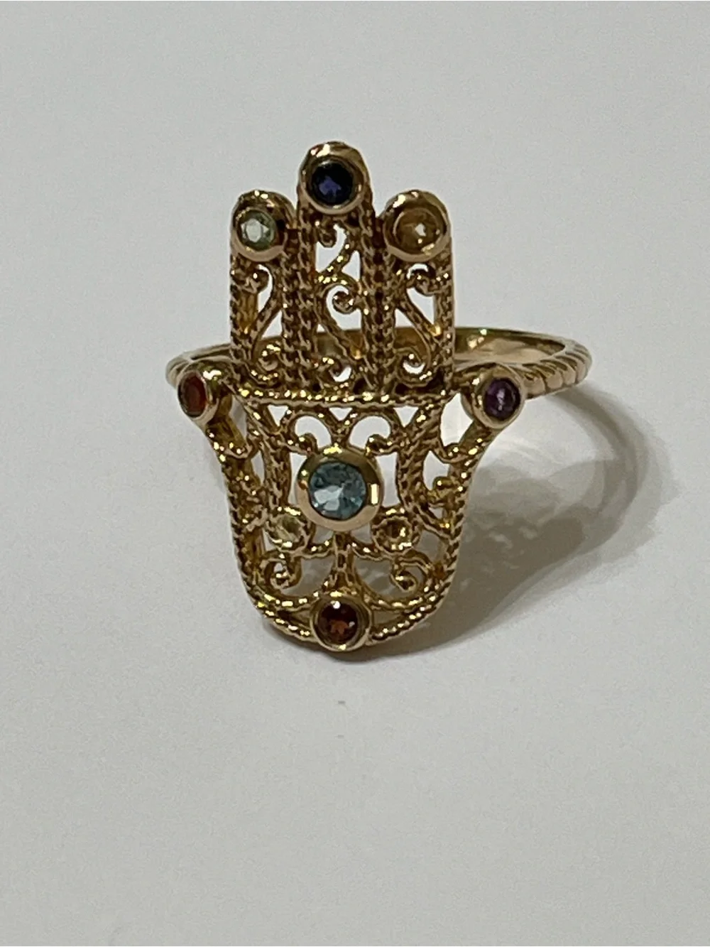 925 Sterling Silver 14K Gold Plated Hamsa Hand Chakra Gemstone Ring Sz 9